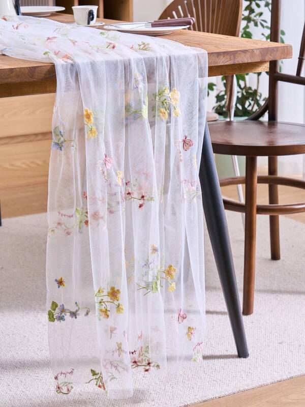 1pc White Sheer Floral Embroidered Tablecloth, American Farmhouse Style Rectangular Table Runner, Suitable For Daily, Festivals, Parties, Weddings, Hotels, Home Dinners, All Seasons Home Decor